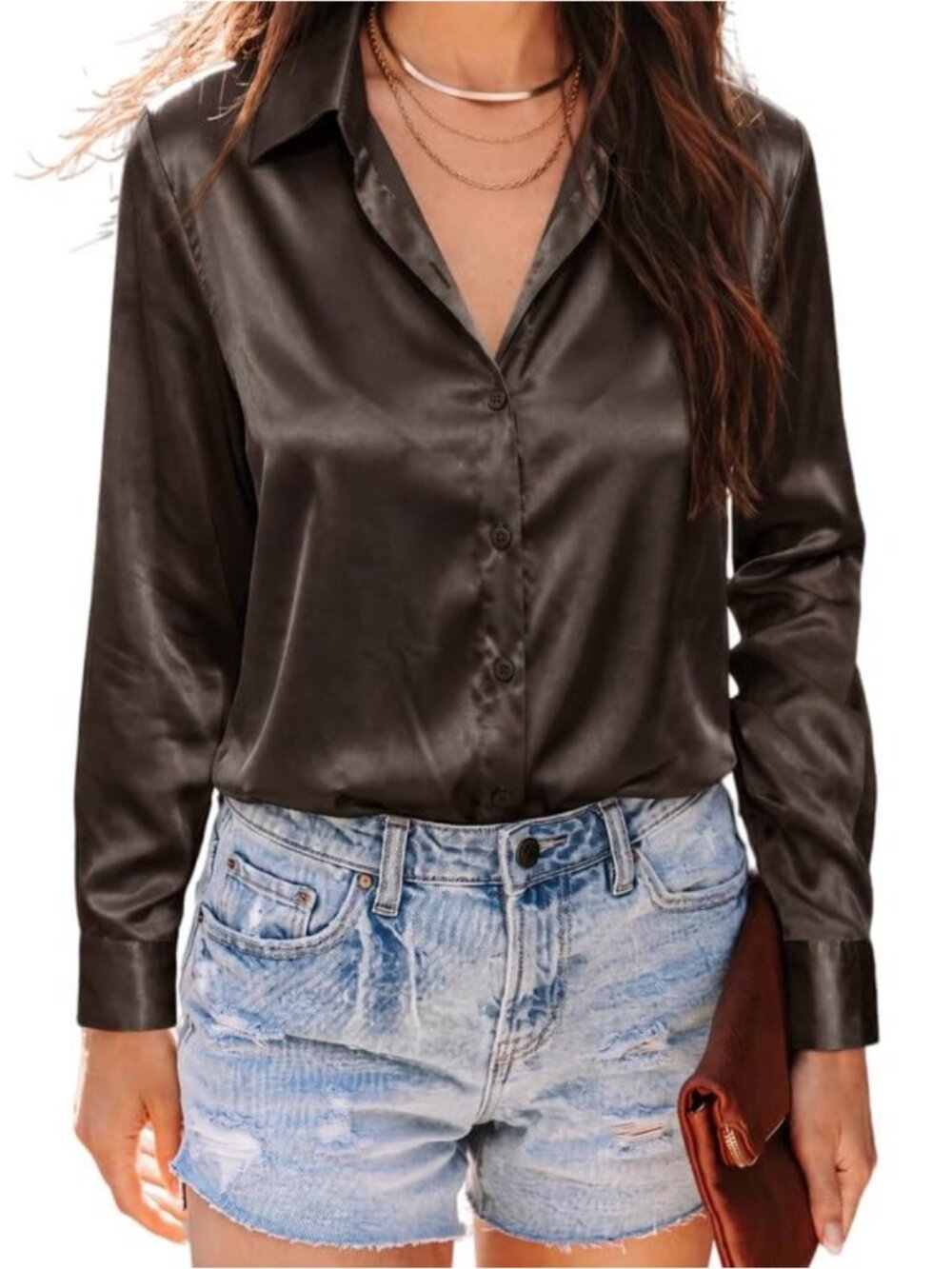 Satin Button Down Shirt Long Sleeve Silky Blouse Office Top Stretchy